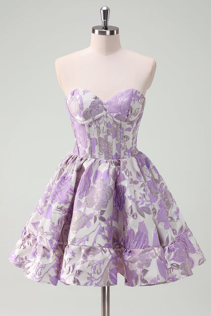 Blue Strapless Flower Printed A-Line Corset Short Homecoming Dress With Ruffles