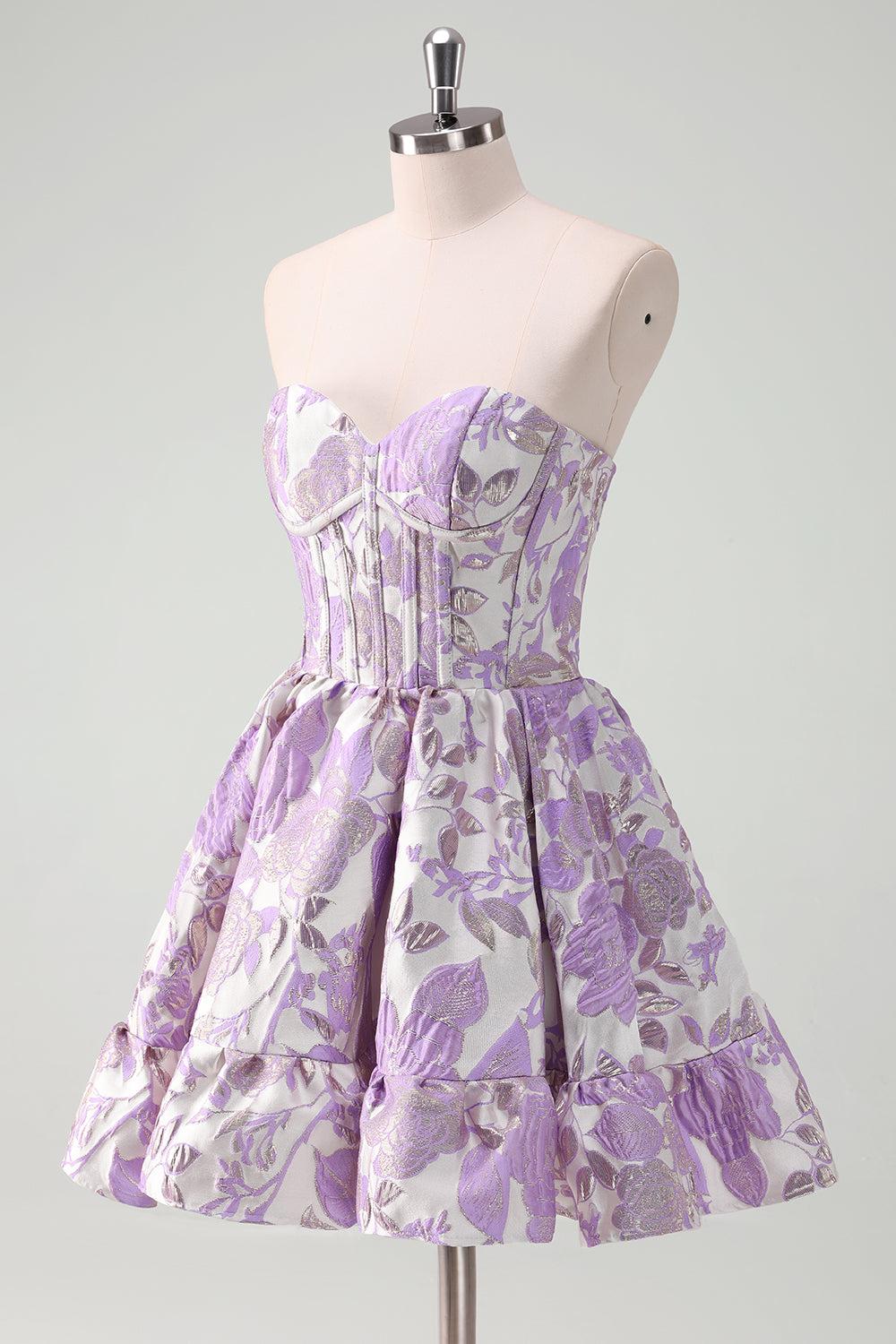 Blue Strapless Flower Printed A-Line Corset Short Homecoming Dress With Ruffles