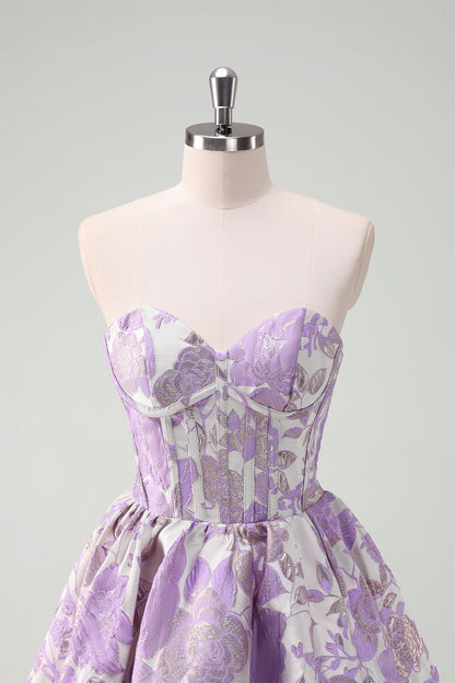 Blue Strapless Flower Printed A-Line Corset Short Homecoming Dress With Ruffles