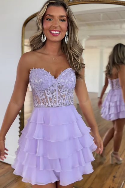 Lilac A-Line Strapless Tiered Corset Short Homecoming Dress with Appliques