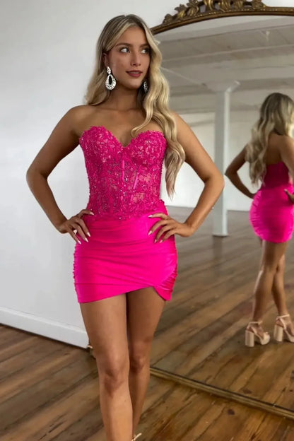 Fuchsia Sweetheart Bodycon Corset Homecoming Dress with Beading