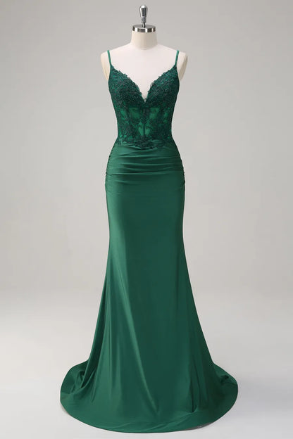 Dark Green Spaghetti Straps Mermaid Ruched Long Prom Dress with Appliques