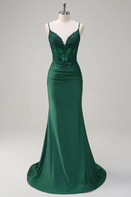 Dark Green Spaghetti Straps Mermaid Ruched Long Prom Dress with Appliques