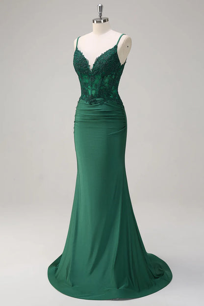 Dark Green Spaghetti Straps Mermaid Ruched Long Prom Dress with Appliques