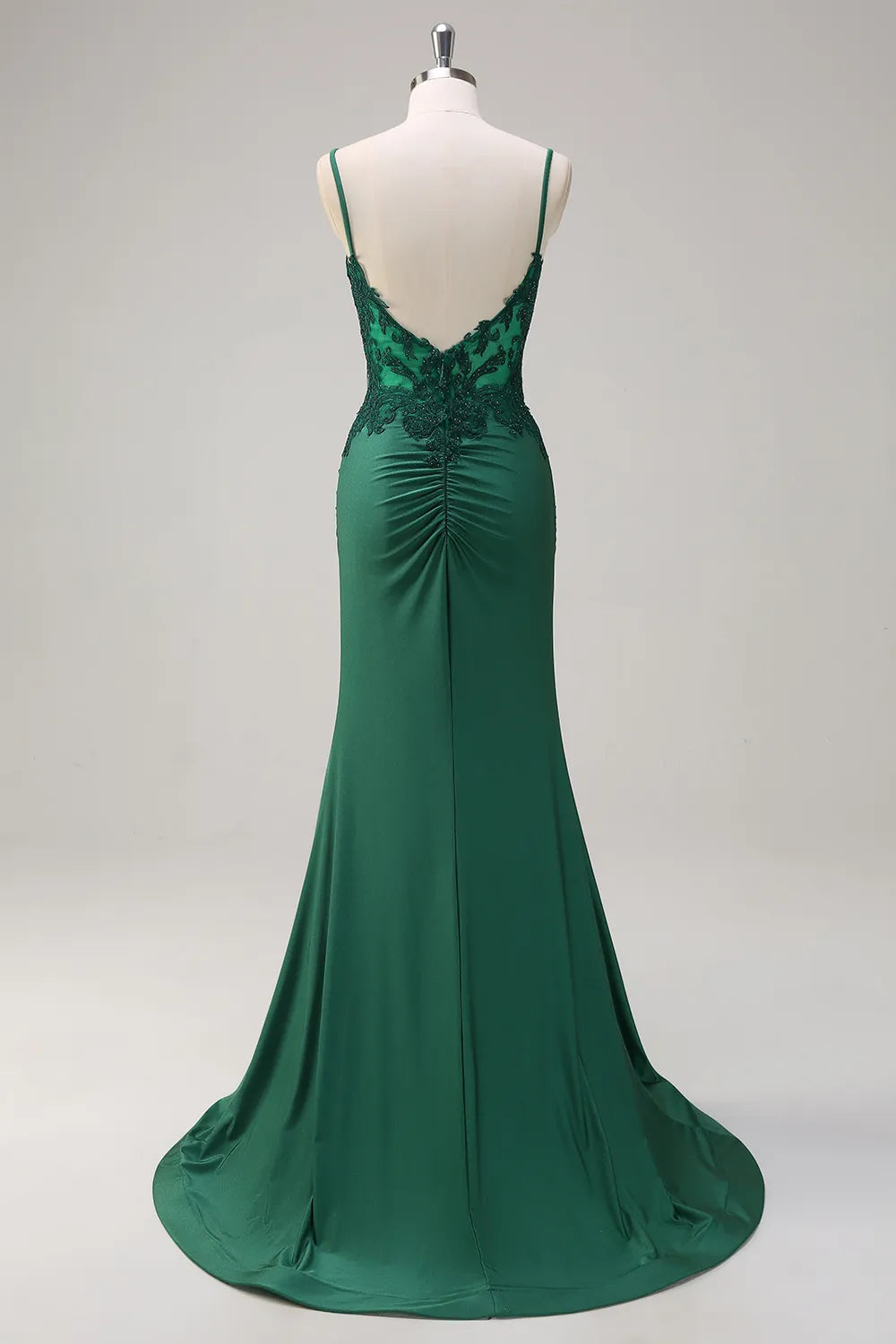 Dark Green Spaghetti Straps Mermaid Ruched Long Prom Dress with Appliques