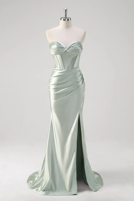 Matcha Green Sweetheart Satin Ruched Mermaid Long Corset Prom Dress with Slit