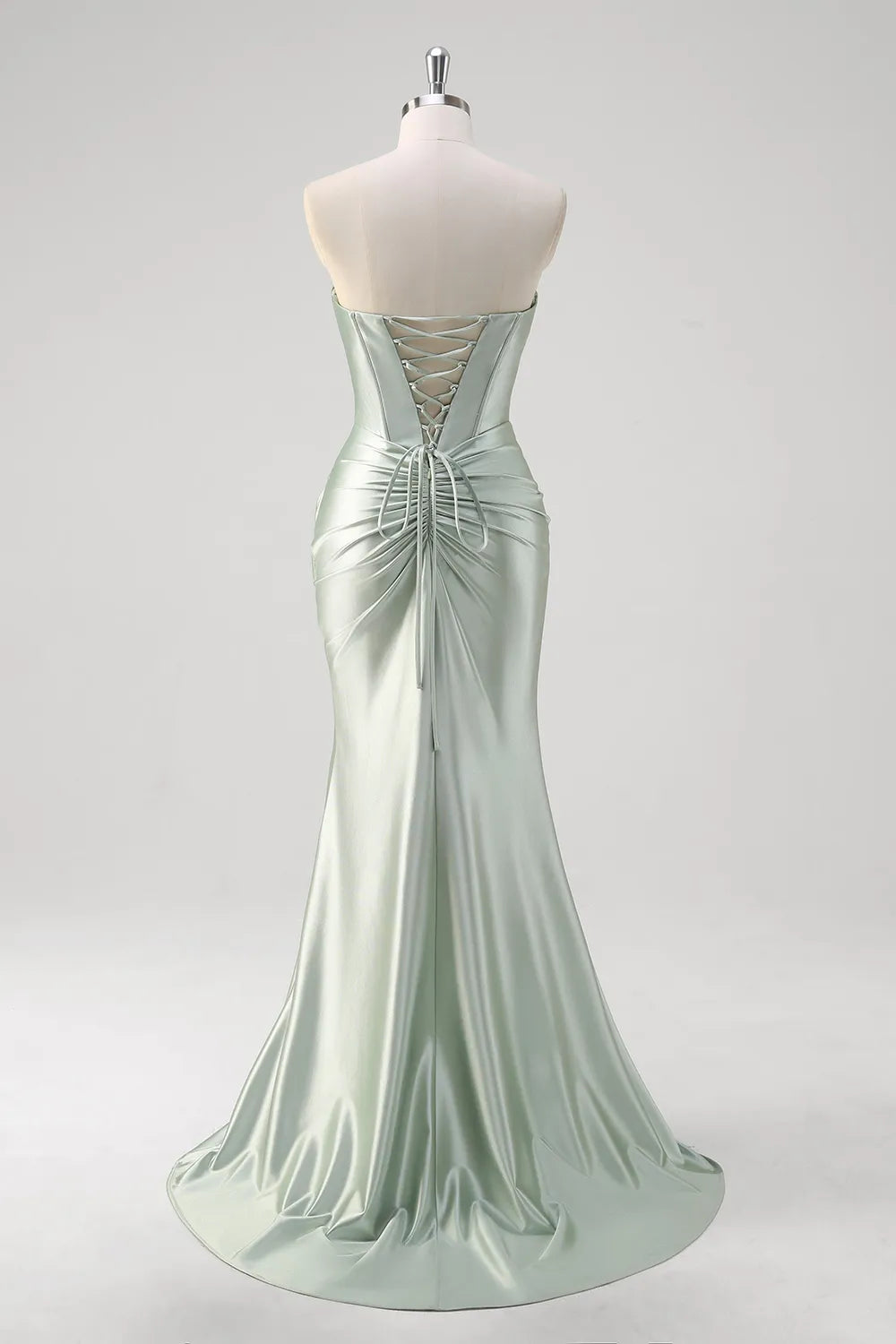 Matcha Green Sweetheart Satin Ruched Mermaid Long Corset Prom Dress with Slit