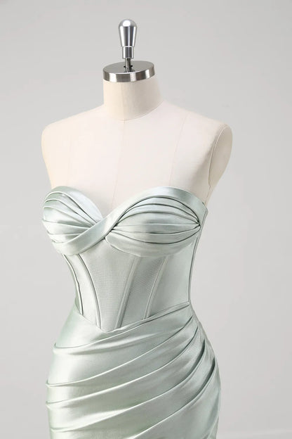 Matcha Green Sweetheart Satin Ruched Mermaid Long Corset Prom Dress with Slit