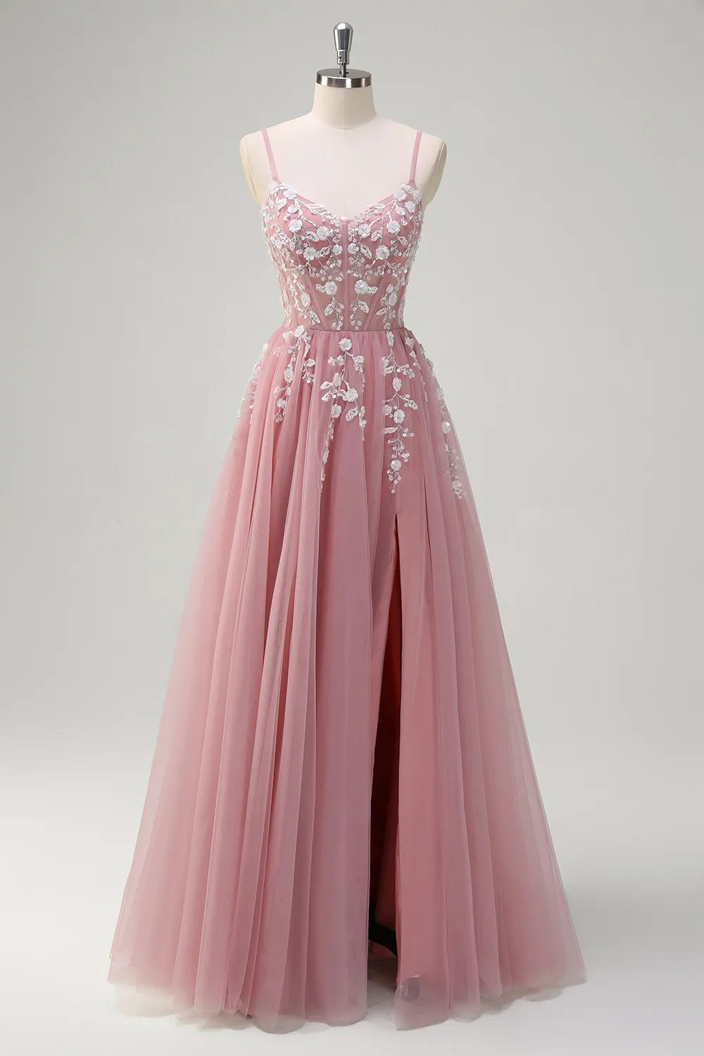 Blush Pink Spaghetti Straps A-Line Tulle Long Corset Prom Dress with Appliques