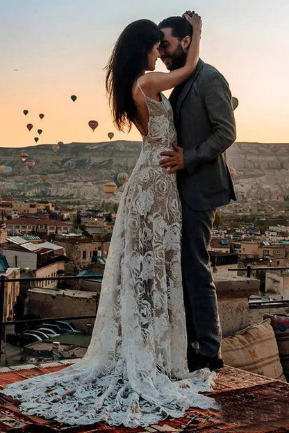 White Lace Mermaid Wedding Dress With Sweep Train