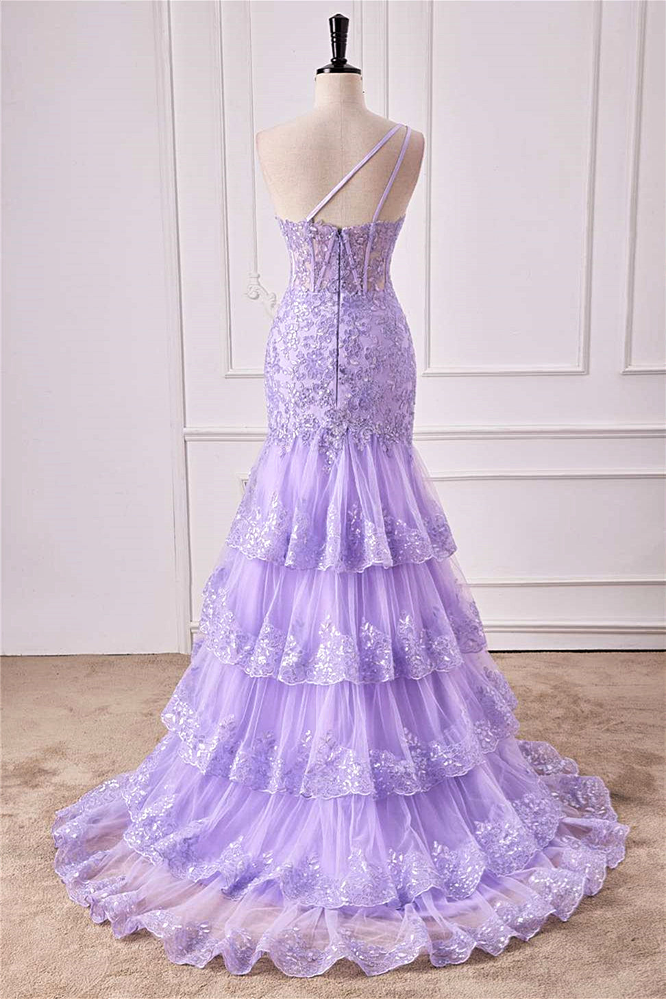 Lavender One Shoulder Sequined Mermaid Layers Long Prom Dress with Slit