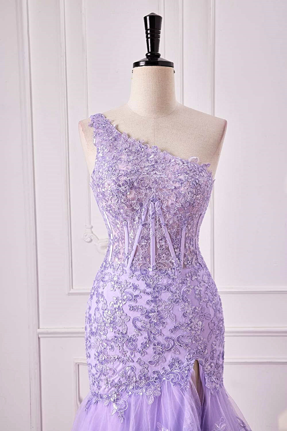 Lavender One Shoulder Sequined Mermaid Layers Long Prom Dress with Slit