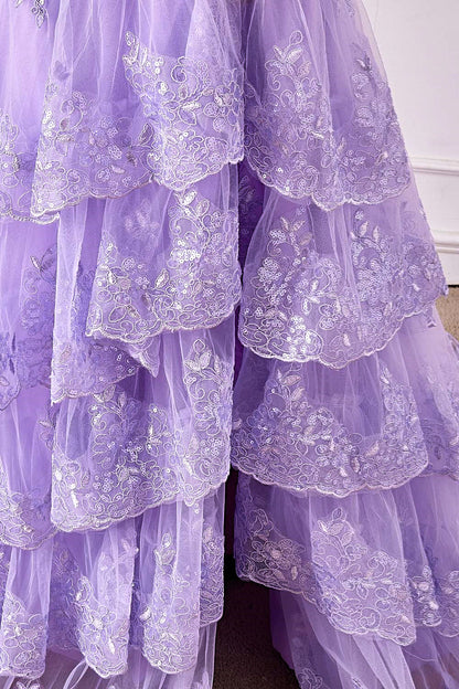 Lavender One Shoulder Sequined Mermaid Layers Long Prom Dress with Slit