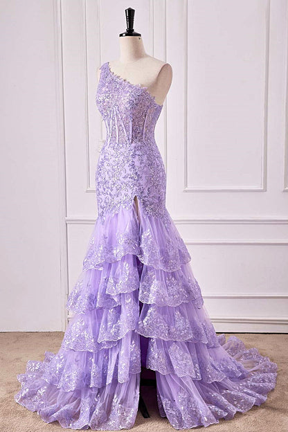 Lavender One Shoulder Sequined Mermaid Layers Long Prom Dress with Slit