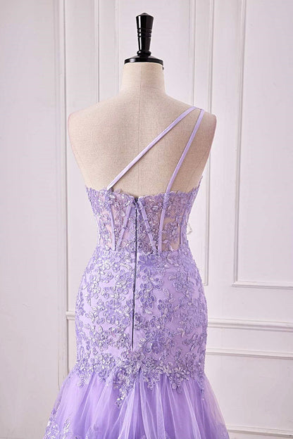 Lavender One Shoulder Sequined Mermaid Layers Long Prom Dress with Slit