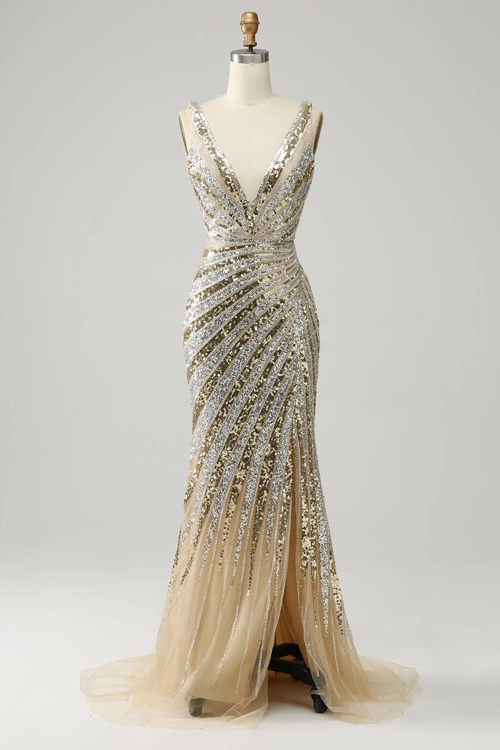 Sparkly Golden V-Neck Sequins Long Prom Dress