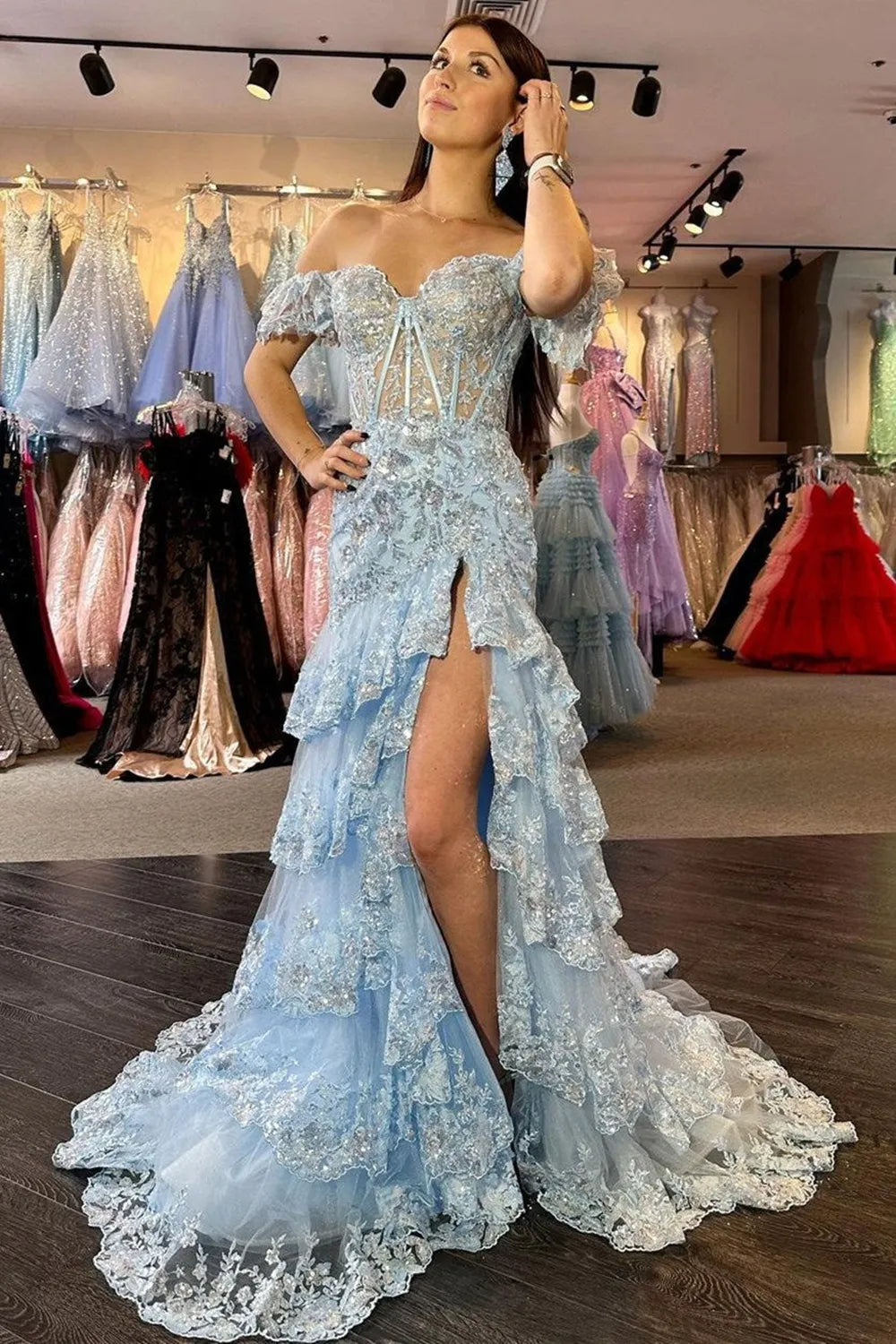 Stunning Mermaid Off the Shoulder Navy Corset Prom Dress with Lace Ruffles