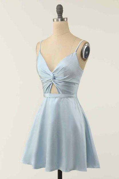 A-line V Neck Twist Knot Cut-Out Pleated Mini Homecoming Dress