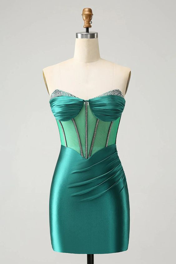 Glitter Dark Green Strapless Corset Tight Homecoming Dress with Beading