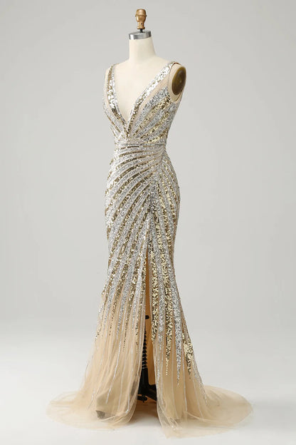 Sparkly Golden V-Neck Sequins Long Prom Dress