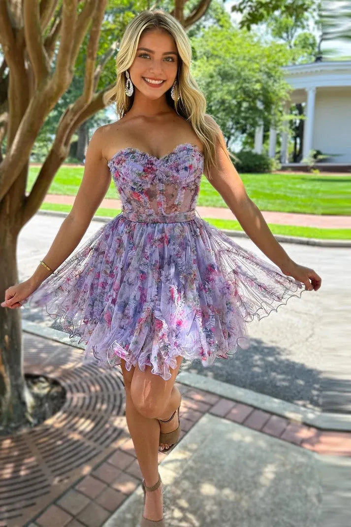 Gorgeous A Line Sweetheart Lilac Floral Printed Short Homecoming Dress