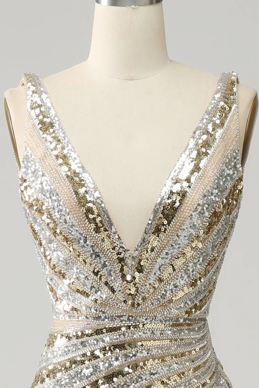 Sparkly Golden V-Neck Sequins Long Prom Dress