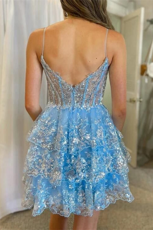 Light Blue Sequin Lace Corset A-Line Tiered Homecoming Dress