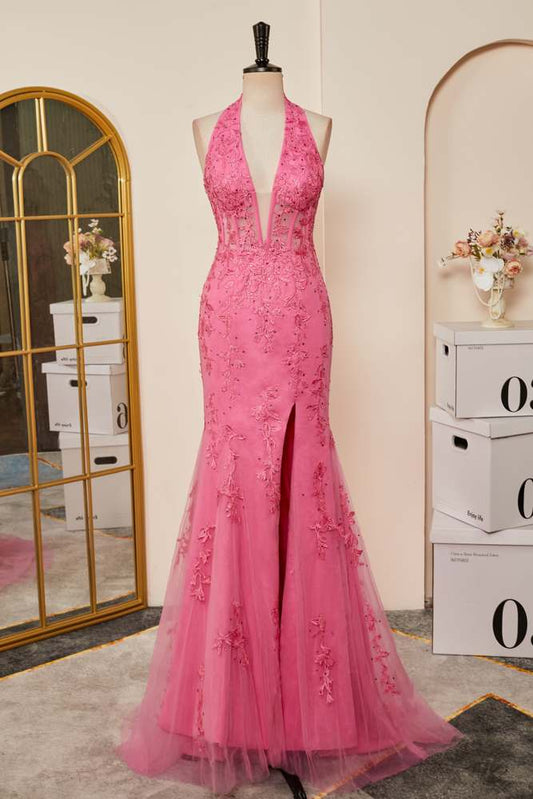 Pink Appliques Mermaid Plunging V Halter Long Prom Dress with Slit