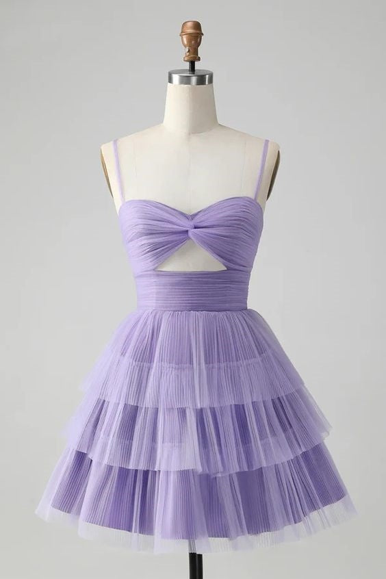 A Line Spaghetti Straps Short Tiered  Homecoming Dress