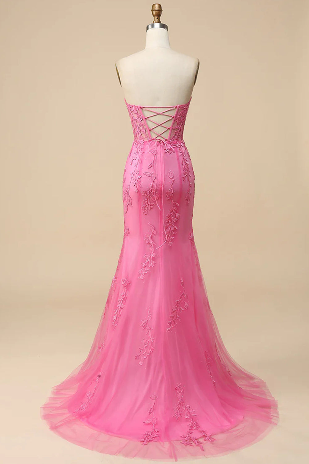 Pink Corset Sweetheart Long Lace Prom Dress with Slit