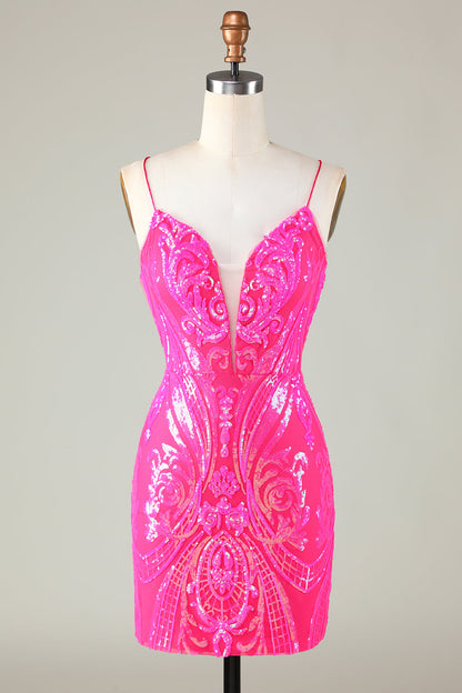 Stylish Bodycon Spaghetti Straps Hot Pink Short Homecoming Dress with Criss Cross Back