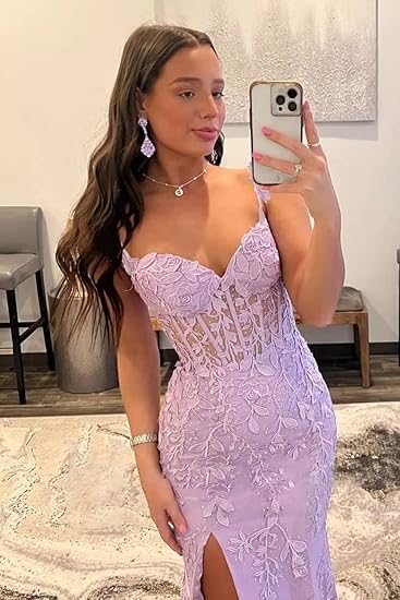 Lace Applique Tulle Prom Dresses Sweetheart Mermaid Formal Evening Gowns Spaghetti Straps Party Dress with Slit