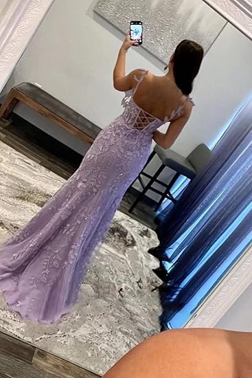 Lace Applique Tulle Prom Dresses Sweetheart Mermaid Formal Evening Gowns Spaghetti Straps Party Dress with Slit