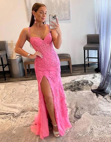 Lace Applique Tulle Prom Dresses Sweetheart Mermaid Formal Evening Gowns Spaghetti Straps Party Dress with Slit