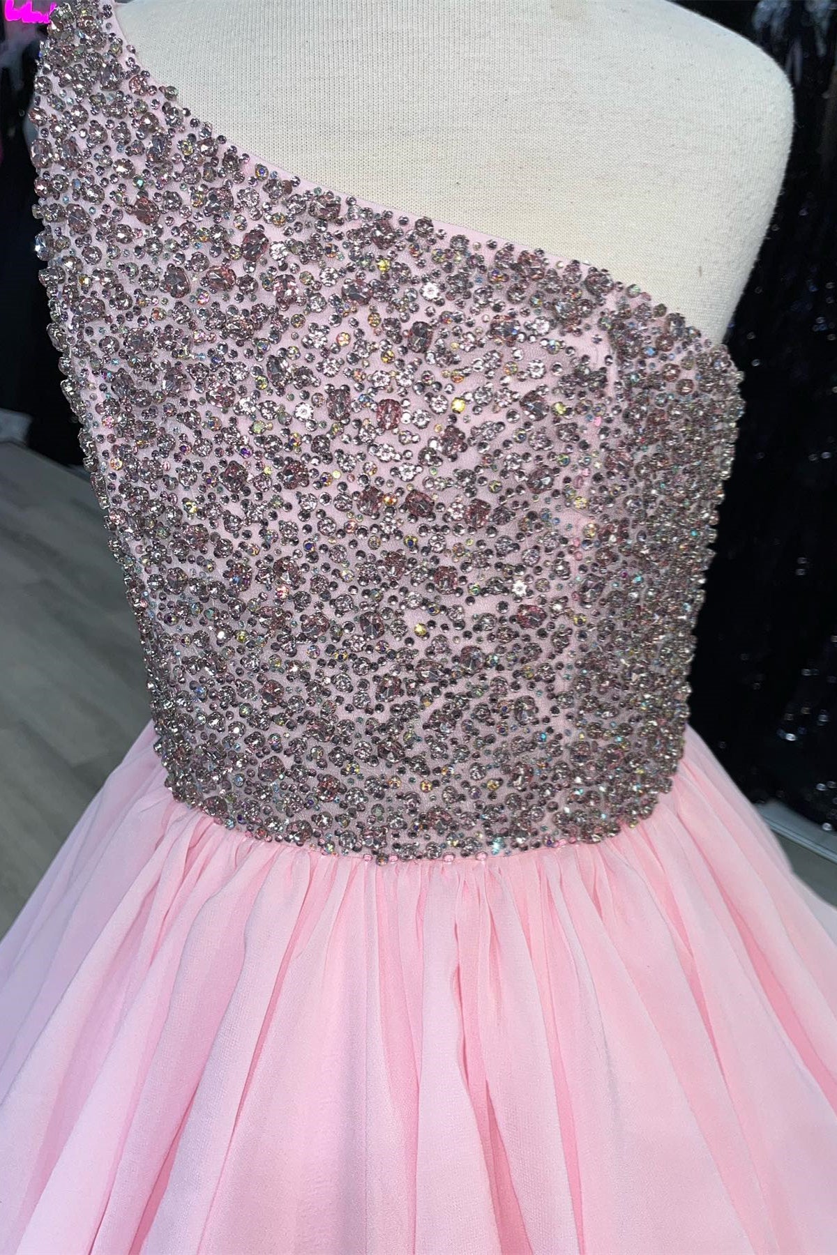 Pink One Shoulder Layers Beaded Straps Long Prom Dress