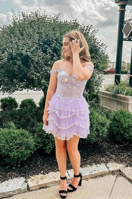 Off the Shoulder Lavender Sequin Ruffle Short Homecoming Dress