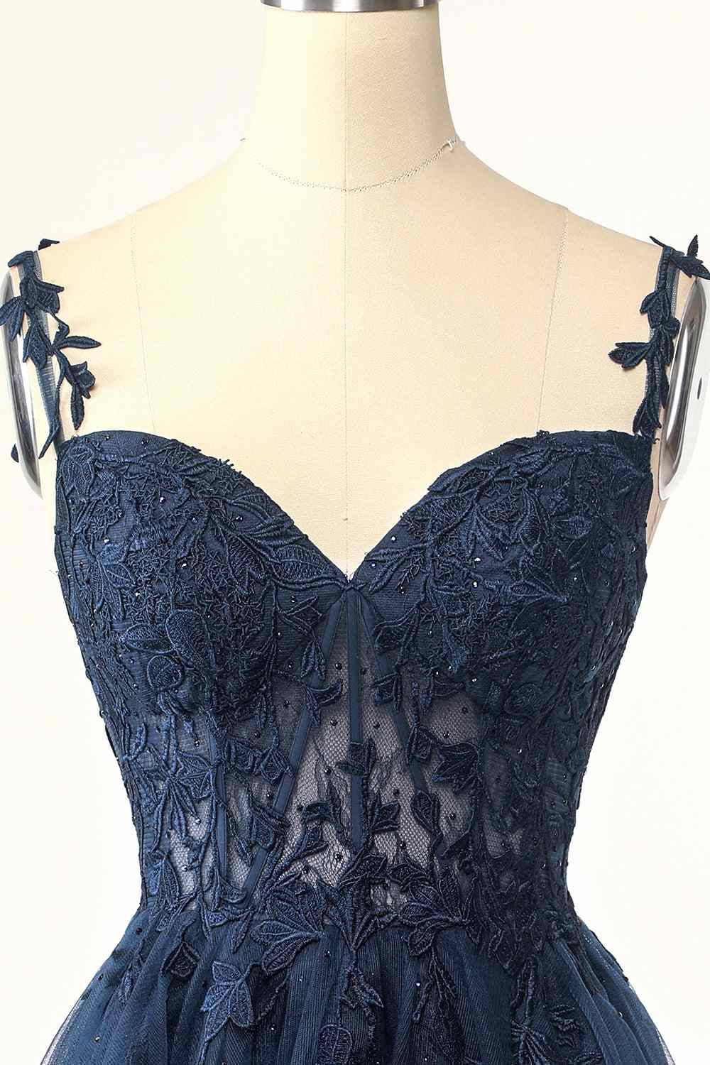 Dark Navy A-line Flower Straps Appliques Tulle Homecoming Dress