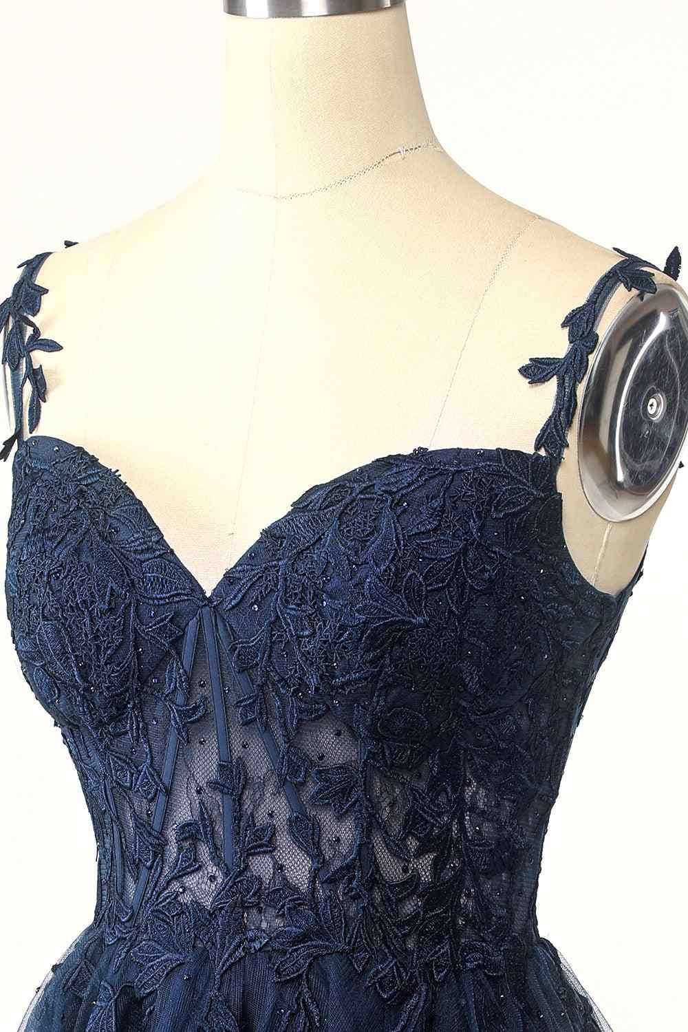 Dark Navy A-line Flower Straps Appliques Tulle Homecoming Dress