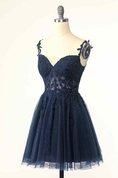 Dark Navy A-line Flower Straps Appliques Tulle Homecoming Dress