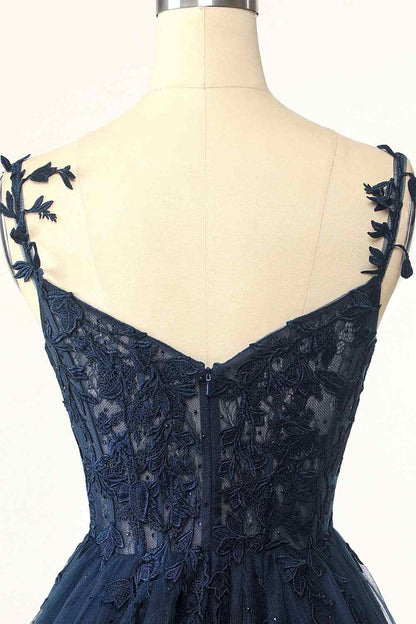 Dark Navy A-line Flower Straps Appliques Tulle Homecoming Dress