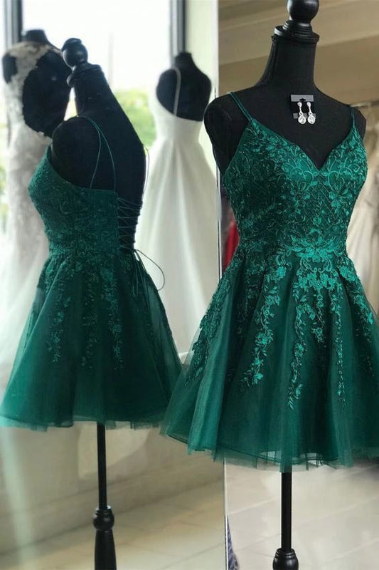 Emerald Green Homecoming Dress A-line V-neck Backless Short Prom Dress