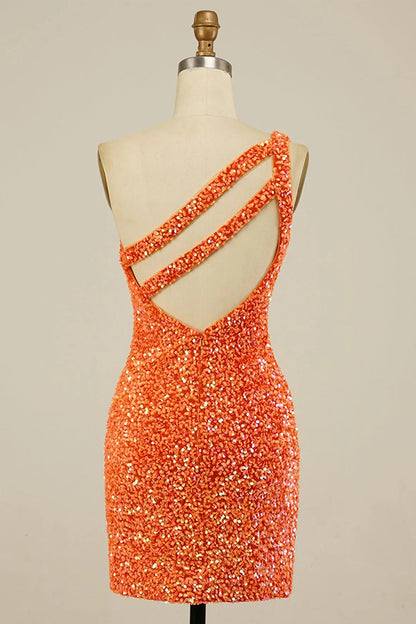 Bodycon One Shoulder Orange Sequins Open Back Short Homecoming Dress