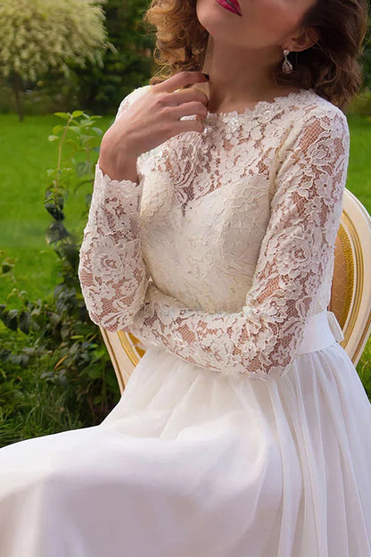 White Long Sleeves Lace and Chiffon Wedding Dress