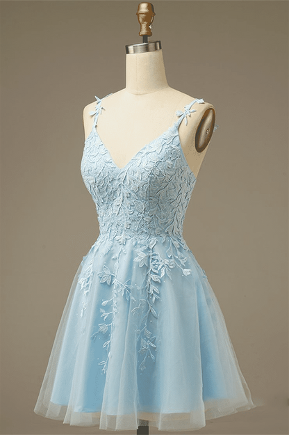 Light Blue A-line V Neck Appliques Tulle Mini Homecoming Dress