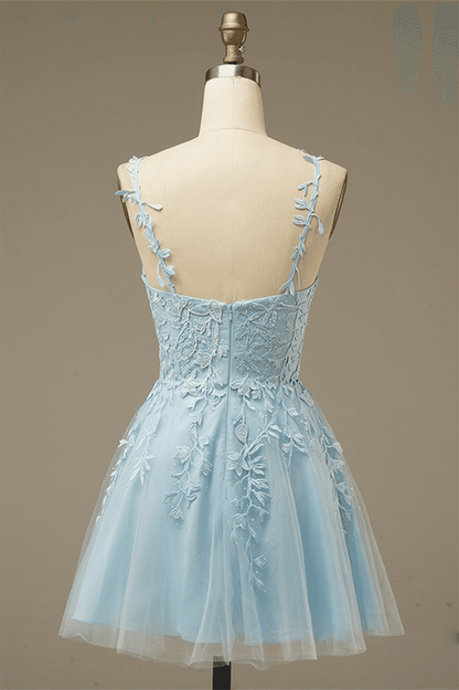 Light Blue A-line V Neck Appliques Tulle Mini Homecoming Dress