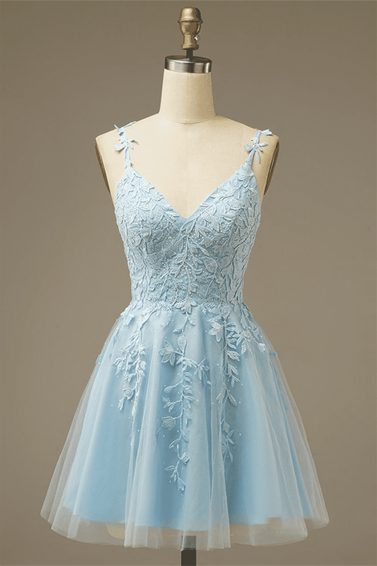 Light Blue A-line V Neck Appliques Tulle Mini Homecoming Dress