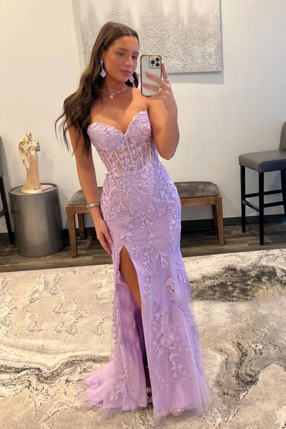 Pink Corset Sweetheart Long Lace Prom Dress with Slit