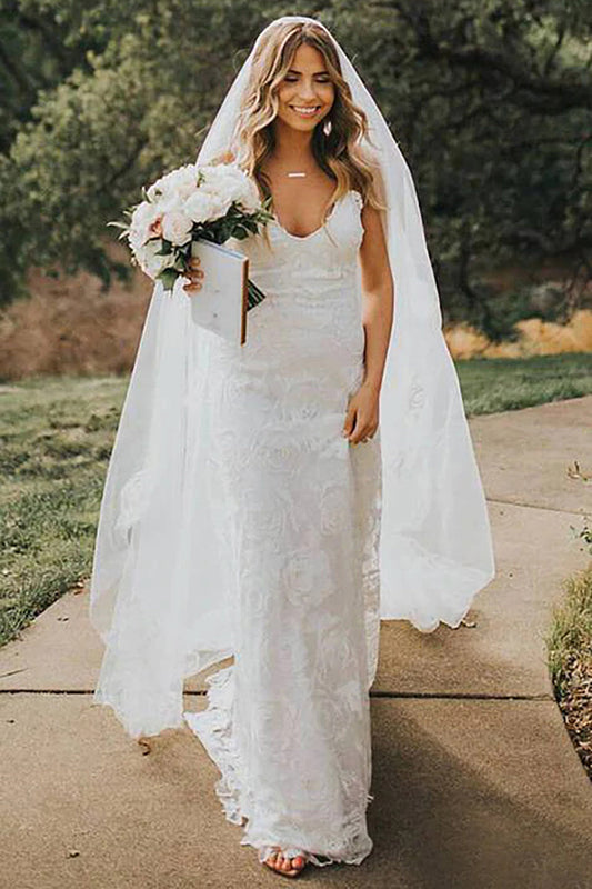 White Lace Mermaid Wedding Dress With Sweep Train