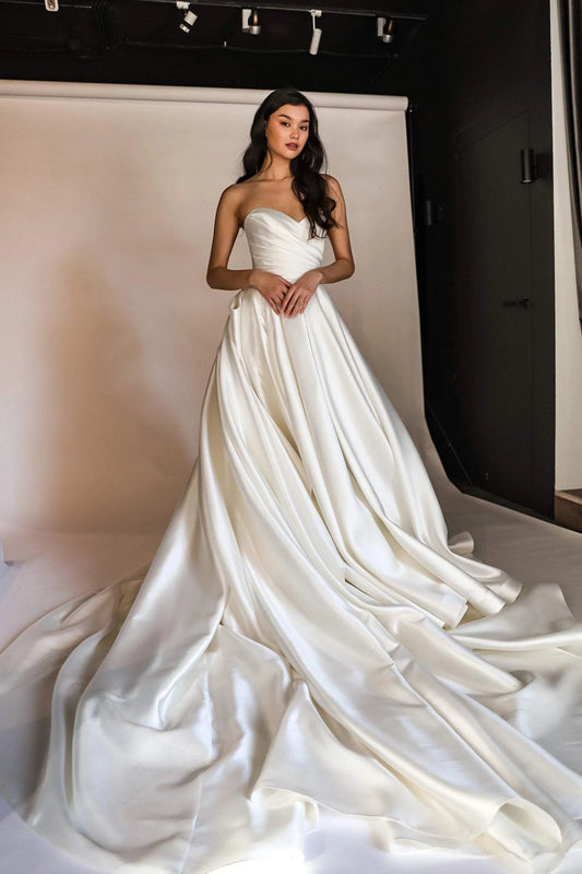 Elegant A Line Sweetheart White Long Wedding Dress with Sweep Train