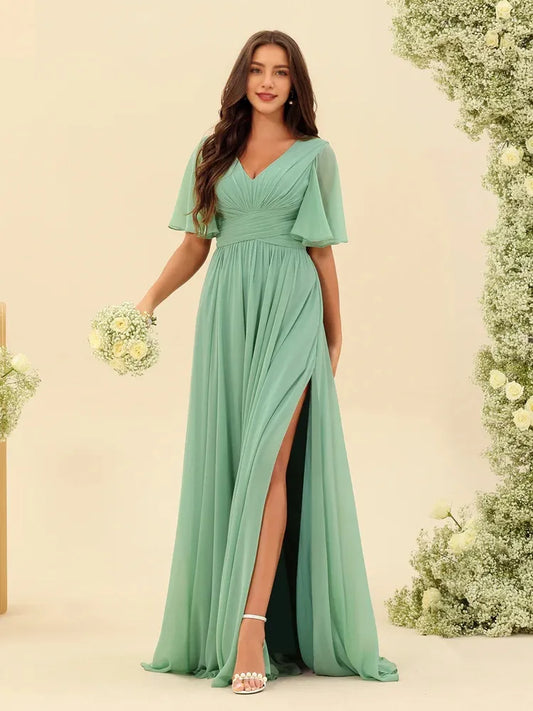 A-Line V-Neck Half Sleeves Split Side Chiffon Bridesmaid Dresses With Pockets